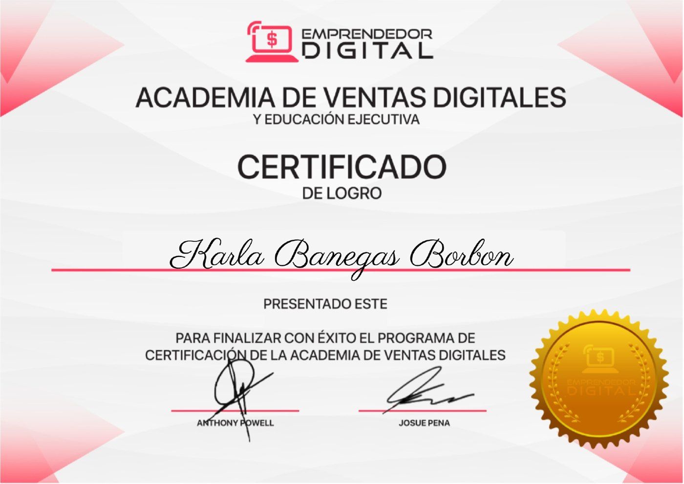 Certificado de logro de la Academia de Ventas Digitales a nombre de Karla Banegas Borbón